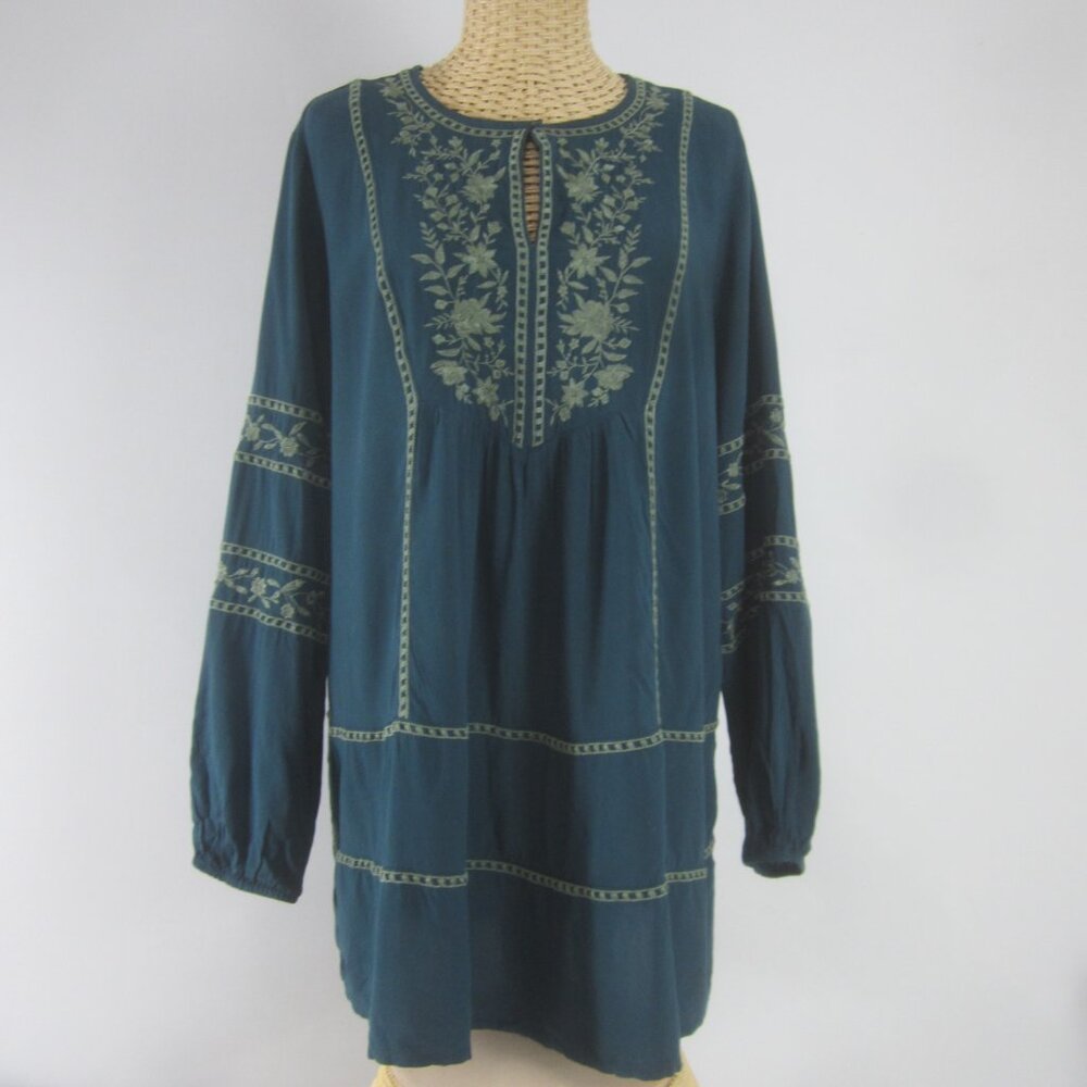 J Jill Womens Medium Teal Blue Floral Embroidered Long Sleeve Tunic Shirt Top M